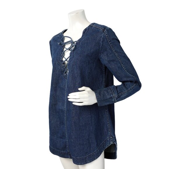 Free People Neapolitan Dreams Blue Denim Tunic Top Cotton Lace Up Shirt Boho - Picture 4 of 10